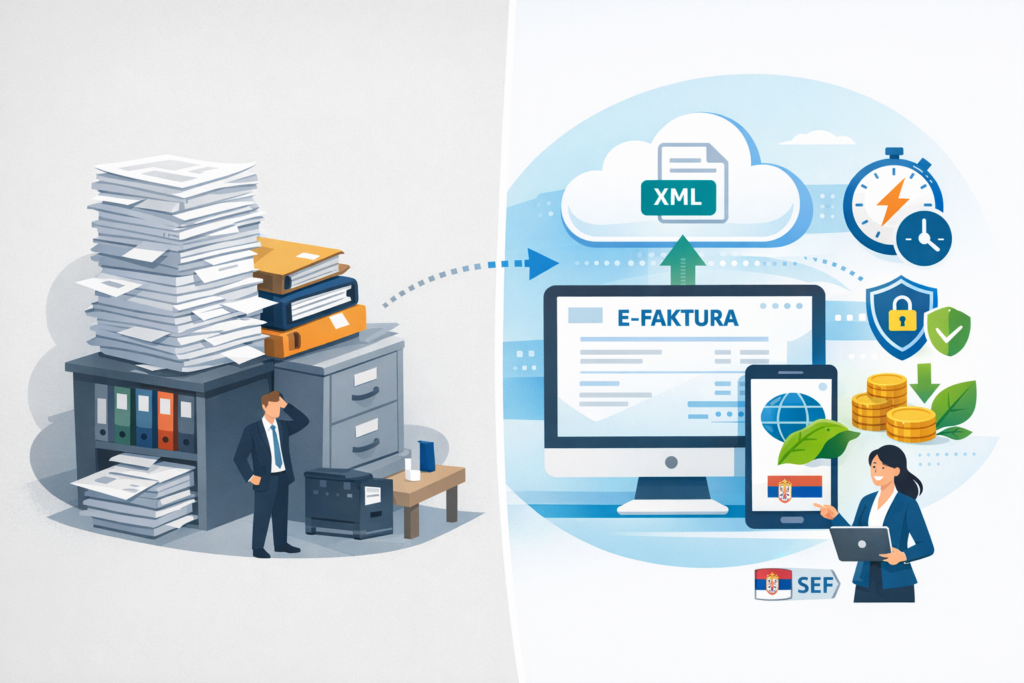 Horizontalna infografika o eFakturi sa naslovom „Šta je eFaktura i zašto je važna za vaše poslovanje“, koja prikazuje elektronsku fakturu na laptopu i telefonu, kao i ključne prednosti eFakture: brže poslovanje, sigurnost podataka, usklađenost sa propisima i bolju evidenciju poslovnih dokumenata, uz poziv na digitalizaciju poslovanja