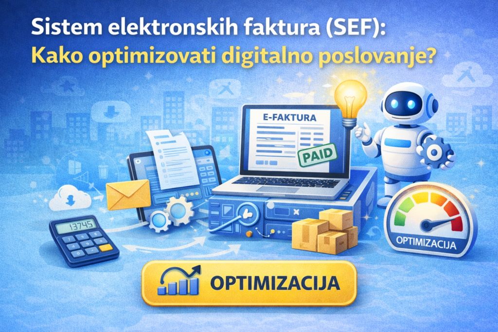 Sistem elektronskih faktura (SEF): Kako optimizovati digitalno poslovanje?“ koja prikazuje digitalnu e-fakturu na laptopu, simbole automatizacije i optimizacije poslovanja