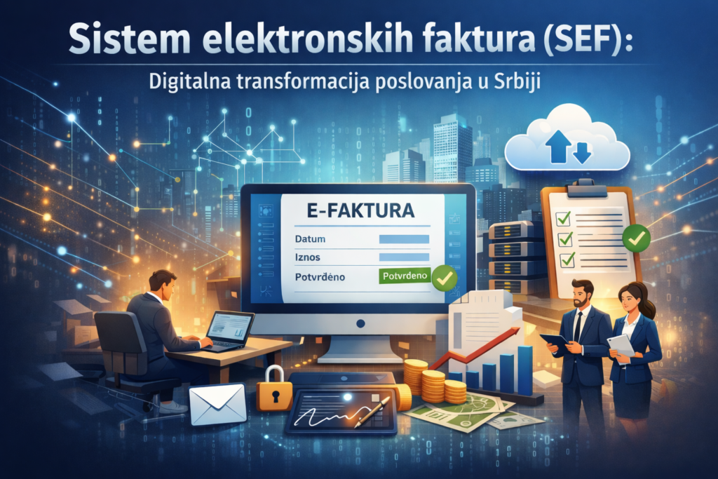 Infografik Sistema elektronskih faktura (SEF) koji prikazuje digitalnu povezanost između države, firmi i preduzetnika, uz naglasak na bezbednost i transparentnost poslovanja u Srbiji