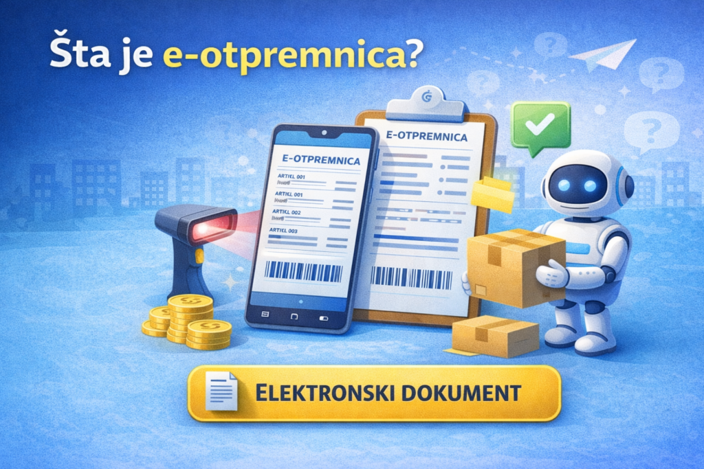„Šta je e-otpremnica?“ koja prikazuje digitalnu e-otpremnicu na mobilnom telefonu i dokumentu, uz simbole logistike i isporuke