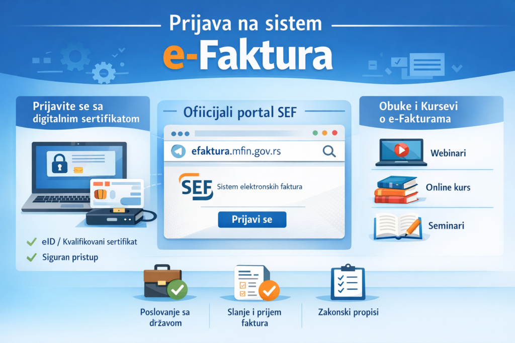 Infografik koji prikazuje korake prijave na sistem e-Faktura u Srbiji, uključujući prijavu digitalnim sertifikatom, pristup zvaničnom portalu SEF i opcije obuka i kurseva
