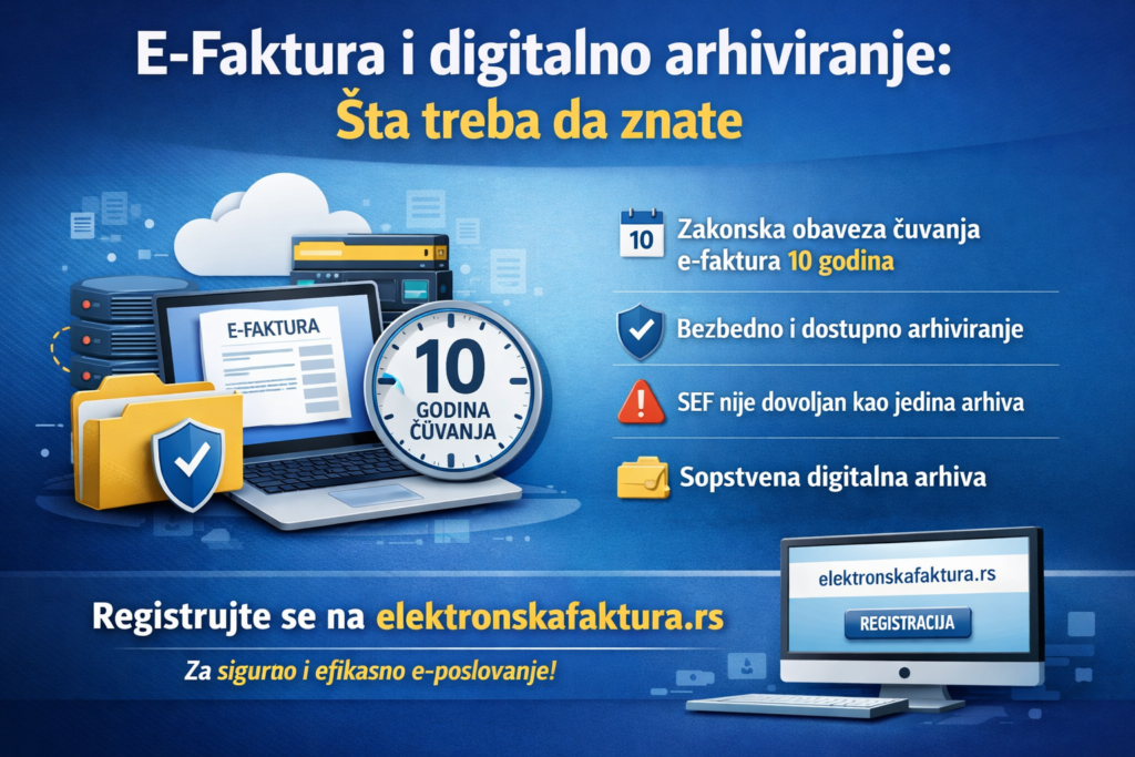Infografika o e-fakturi i digitalnom arhiviranju u Srbiji, sa prikazom zakonske obaveze čuvanja e-faktura 10 godina, bezbednog arhiviranja i pozivom na registraciju na elektronskafaktura.rs.