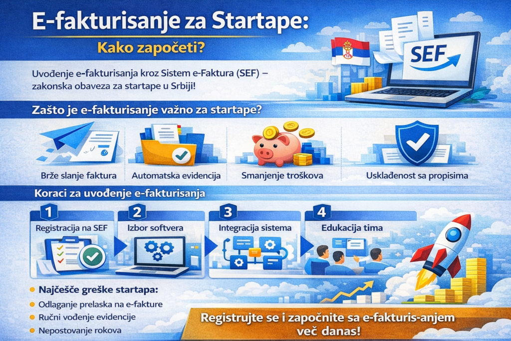 „E Invoicing for Startups: Kako započeti?“ koja objašnjava uvođenje e-fakturisanja kroz Sistem e-Faktura (SEF) u Srbiji. Grafika prikazuje prednosti e-fakturisanja (brže slanje faktura, automatska evidencija, smanjenje troškova, usklađenost sa propisima), korake implementacije (registracija na SEF, izbor softvera, integracija sistema, edukacija tima), najčešće greške startapa i poruku o rastu biznisa uz ilustracije laptopa, dokumenata, štita, kasice-prasice i rakete koja simbolizuje rast