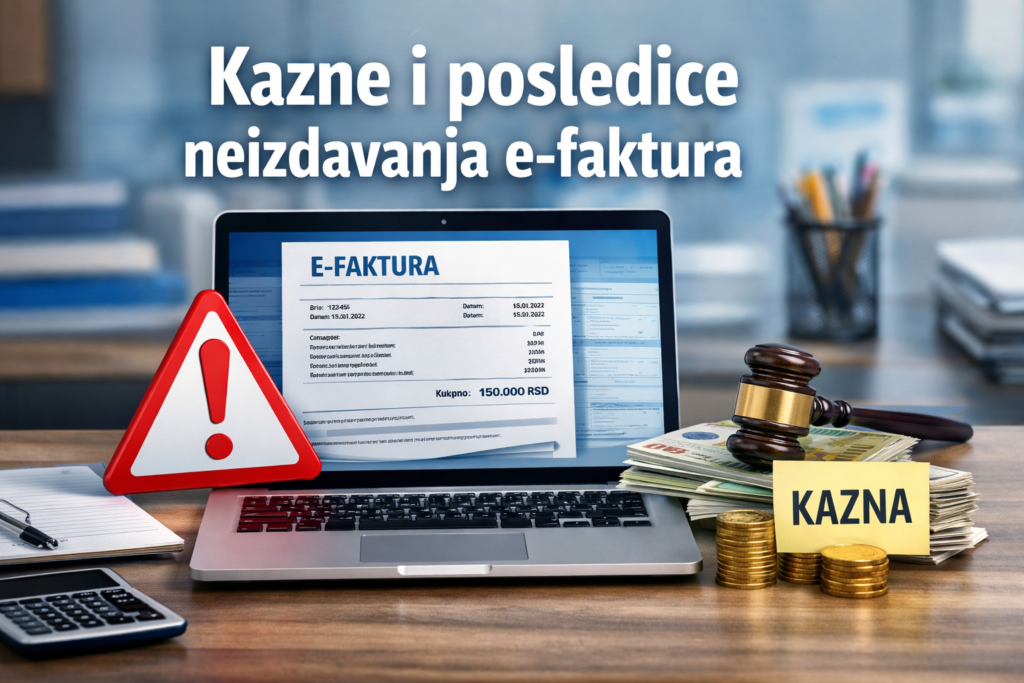 Kazne za neizdavanje e-faktura u Srbiji – laptop sa e-fakturom i simbol novčanih kazni