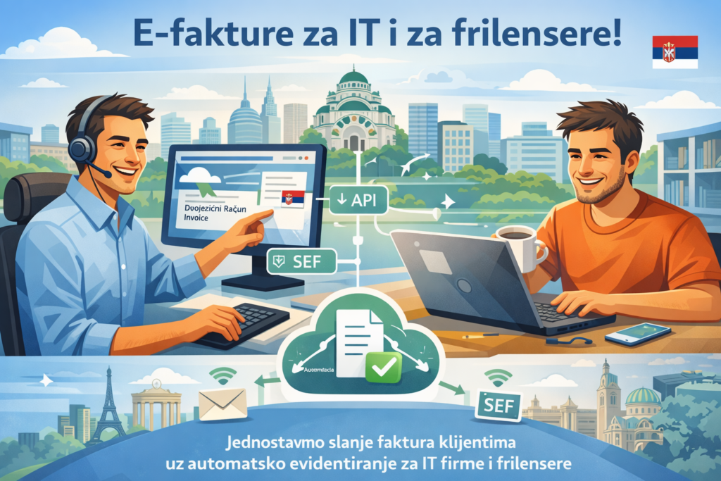 E-fakture za IT i frilensere u Srbiji – ilustracija modernog softvera za elektronsko fakturisanje koji omogućava jednostavno kreiranje računa, slanje faktura klijentima iz inostranstva i automatsku evidenciju u SEF sistemu putem API integracije.