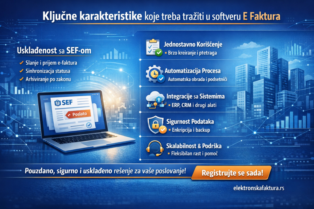 Kvadratna infografika na srpskom jeziku pod nazivom „Ključne funkcije u e-faktura softveru“. Grafika prikazuje sedam glavnih karakteristika kvalitetnog e-faktura softvera: potpuna usklađenost sa SEF-om, jednostavno korišćenje, automatizacija procesa, integracije sa drugim softverima (CRM, ERP), sigurnost podataka, skalabilnost i fleksibilnost, uz vizualne ikone poput laptopa, dokumenata, štita, grafikona i novca. Na dnu se nalazi poziv na akciju za istraživanje funkcionalnosti i pronalaženje idealnog rešenja.