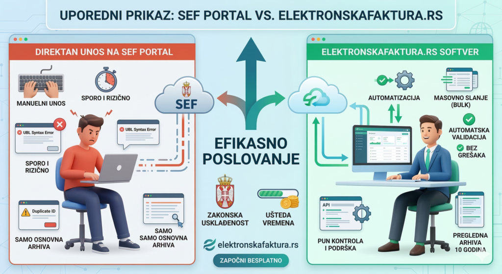 Poređenje direktnog unosa na SEF portal i korišćenja elektronskafaktura.rs softvera: prednosti automatizacije, masovnog slanja faktura i digitalne arhive od 10 godina za firme u Srbiji