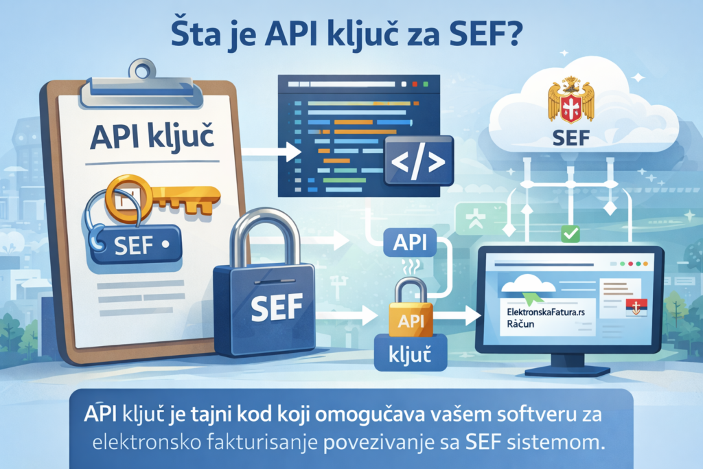 Ilustracija objašnjava šta je API ključ za SEF i kako omogućava povezivanje softvera za e-fakture sa Sistemom elektronskih faktura u Srbiji putem API integracije.