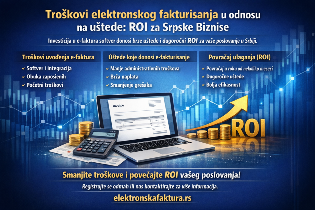 infografika na srpskom jeziku pod nazivom „E-Invoicing Costs vs. Savings: ROI za Srpske Biznise“. Leva strana prikazuje troškove uvođenja e-fakturisanja: softverska licenca, integracija sistema (ERP, računovodstvo, CRM) i obuka zaposlenih, uz oznaku „Početni troškovi“. U sredini je laptop sa oznakom „SEF“ i grafikon rasta, koji simbolizuje digitalno fakturisanje i povećanje efikasnosti. Desna strana prikazuje uštede: manji administrativni troškovi, brža naplata, manje grešaka i bolja kontrola, uz istaknuto „Veće uštede“. U donjem delu je naglašen brz povraćaj ulaganja (ROI) za 6–12 meseci, dugoročne finansijske uštede i veća efikasnost i kontrola poslovanja