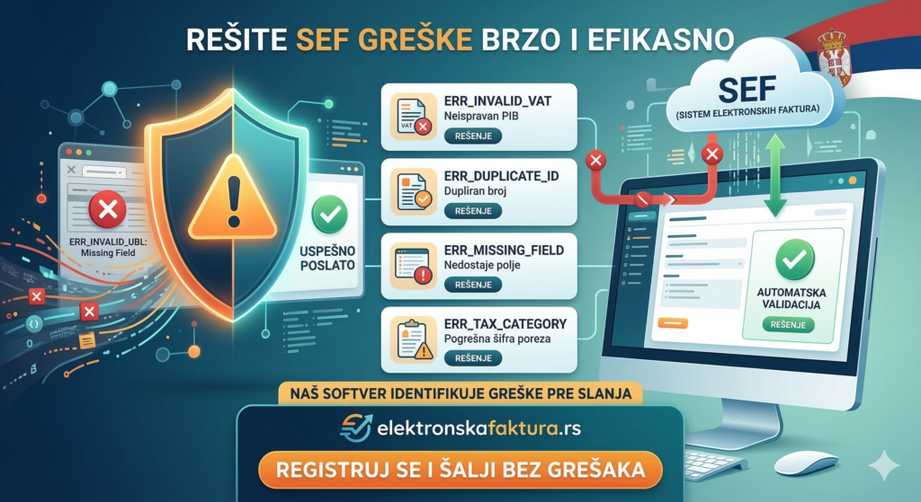 Ilustracija rešavanja čestih grešaka na SEF portalu: Uporedni prikaz validacije e-faktura, spisak najčešćih kodova grešaka (PIB, broj, polje, porez) sa rešenjima i dugme za registraciju na softver elektronskafaktura.rs.