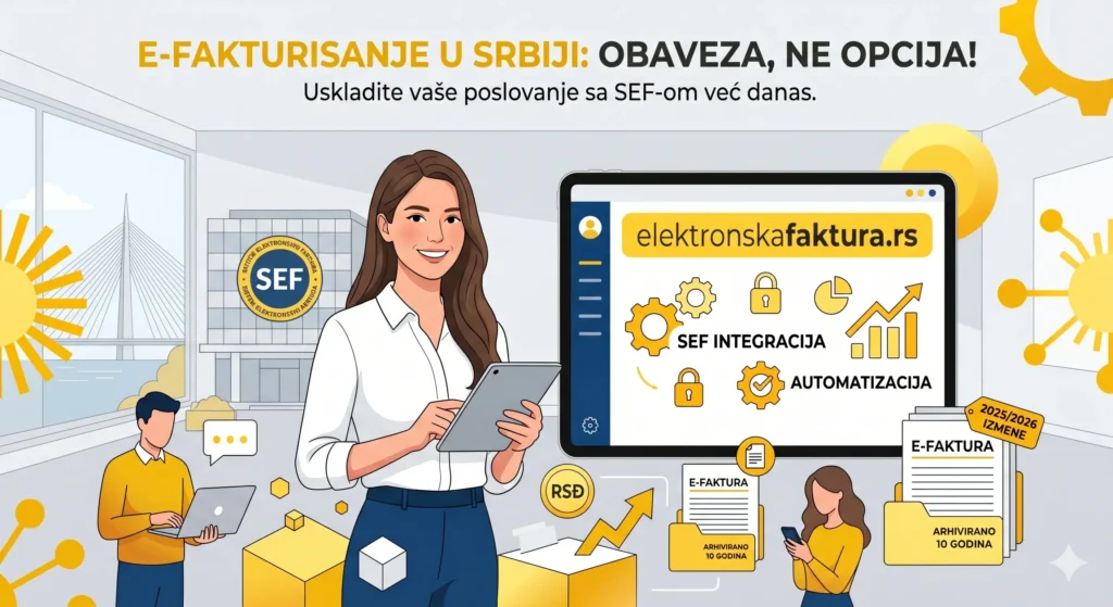 Moderni žuto-sivi infografik o obaveznom e-fakturisanju u Srbiji sa tekstom "Obaveza, ne opcija", prikazom sajta elektronskafaktura.rs, SEF integracije i arhiviranja dokumenata