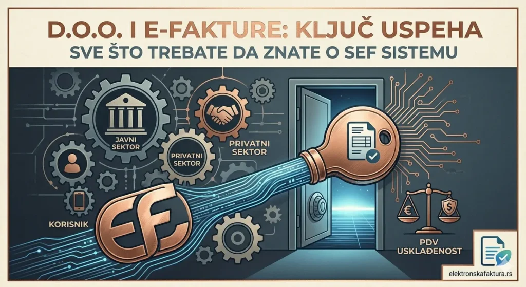 ustracija za e-fakture za d.o.o. u Srbiji sa simboličnim ključem koji otvara vrata digitalnog poslovanja, zupčanicima za javni i privatni sektor i logotipom elektronskafaktura.rs.