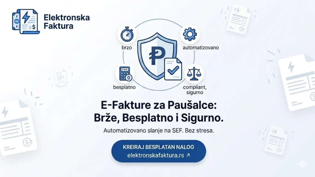Moderan i čist marketinški baner za elektronskafaktura.rs, namenjen preduzetnicima paušalcima u Srbiji. Na svetloj pozadini prikazan je logo platforme i ikone koje ilustruju ključne prednosti softvera: brzo, automatizovano, besplatno i sigurno poslovanje. U centru je istaknut naslov "E-Fakture za Paušalce: Brže, Besplatno i Sigurno" sa podnaslovom "Automatizovano slanje na SEF. Bez stresa." Na dnu se nalazi uočljivo plavo dugme sa pozivom na akciju "KREIRAJ BESPLATAN NALOG" i ispisanom veb adresom elektronskafaktura.rs.