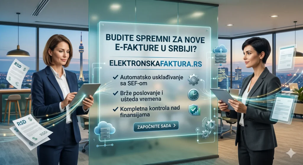 Profesionalni prikaz modernog kancelarijskog prostora sa dve poslovne žene i centralnim digitalnim ekranom na kome piše: Budite spremni za nove e-fakture u Srbiji? Elektronskafaktura.rs. Na ekranu su istaknute prednosti: automatsko usklađivanje sa SEF-om, brže poslovanje i kompletna kontrola nad finansijama, uz poziv na akciju 'Započnite sada'