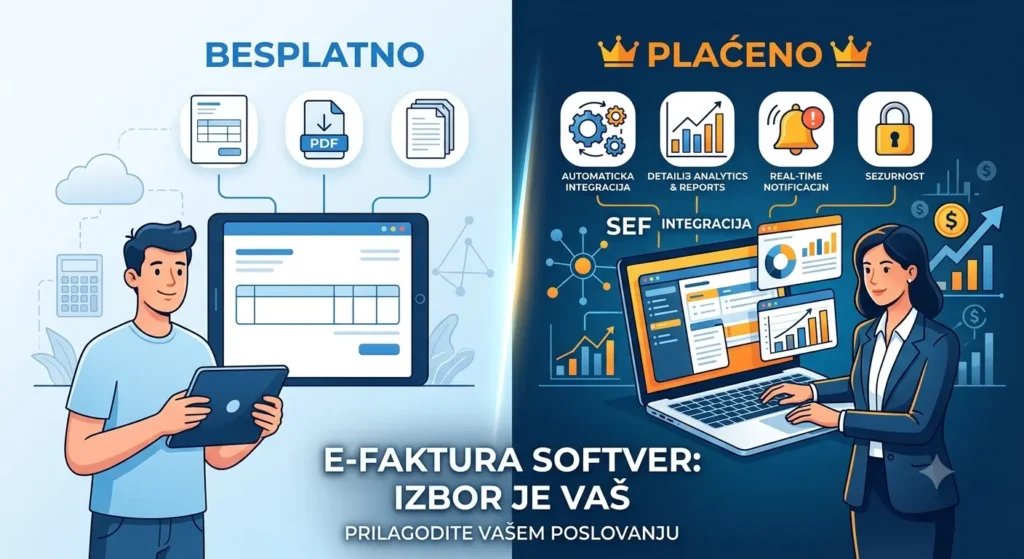Besplatno vs. plaćeno: Da li vam je zaista potreban premium e-faktura softver? Izbor između besplatnog i plaćenog e-faktura softvera predstavlja jednu od ključnih odluka za svako preduzeće koje želi da digitalizuje svoje poslovanje. Dok besplatna rešenja nude osnovno fakturisanje bez finansijskog opterećenja, premium verzije donose napredne funkcionalnosti koje mogu značajno unaprediti efikasnost. U ovom tekstu ćemo detaljno analizirati prednosti i mane oba pristupa kako biste doneli informisanu odluku. Elektronsko fakturisanje u Srbiji regulisano je Zakonom o elektronskom fakturisanju i sistemom SEF (Sistem elektronskih faktura). Svaka kompanija mora da bira softver koji je usklađen sa ovim propisima, bez obzira na cenovnu kategoriju.